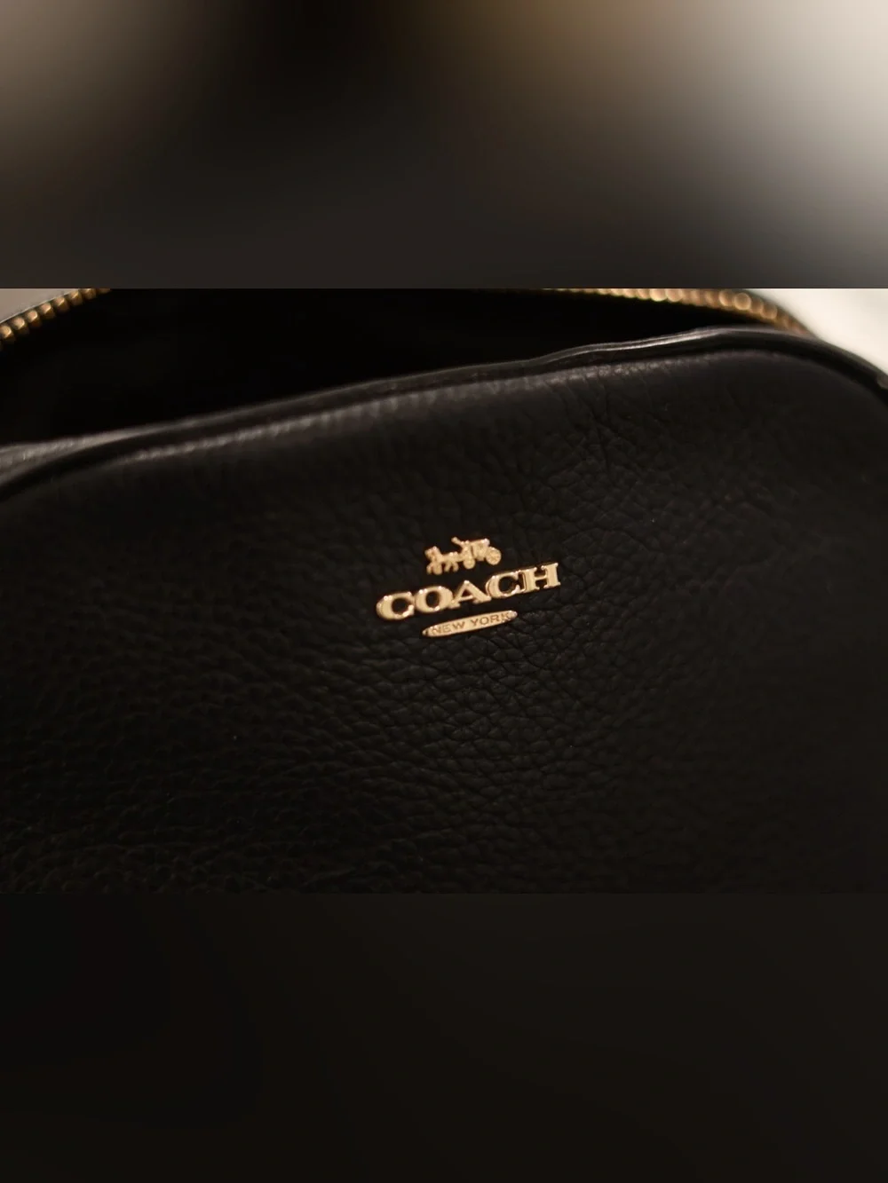 Coach Black Pebbled Leather Dome Crossbody Bag Gold Hardware Adjustable Strap